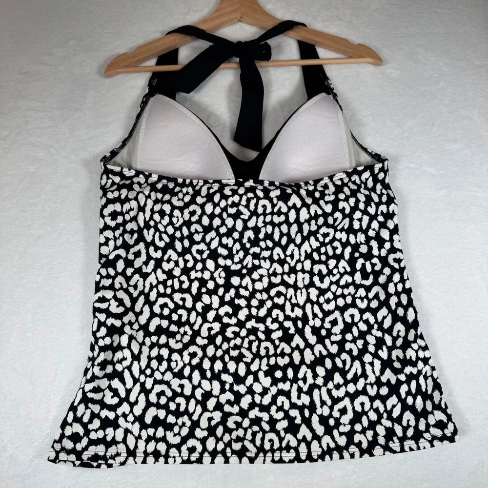 Lands End Womens Black White Leopard Print Halter Tankini Swim Top 14‎ 504501